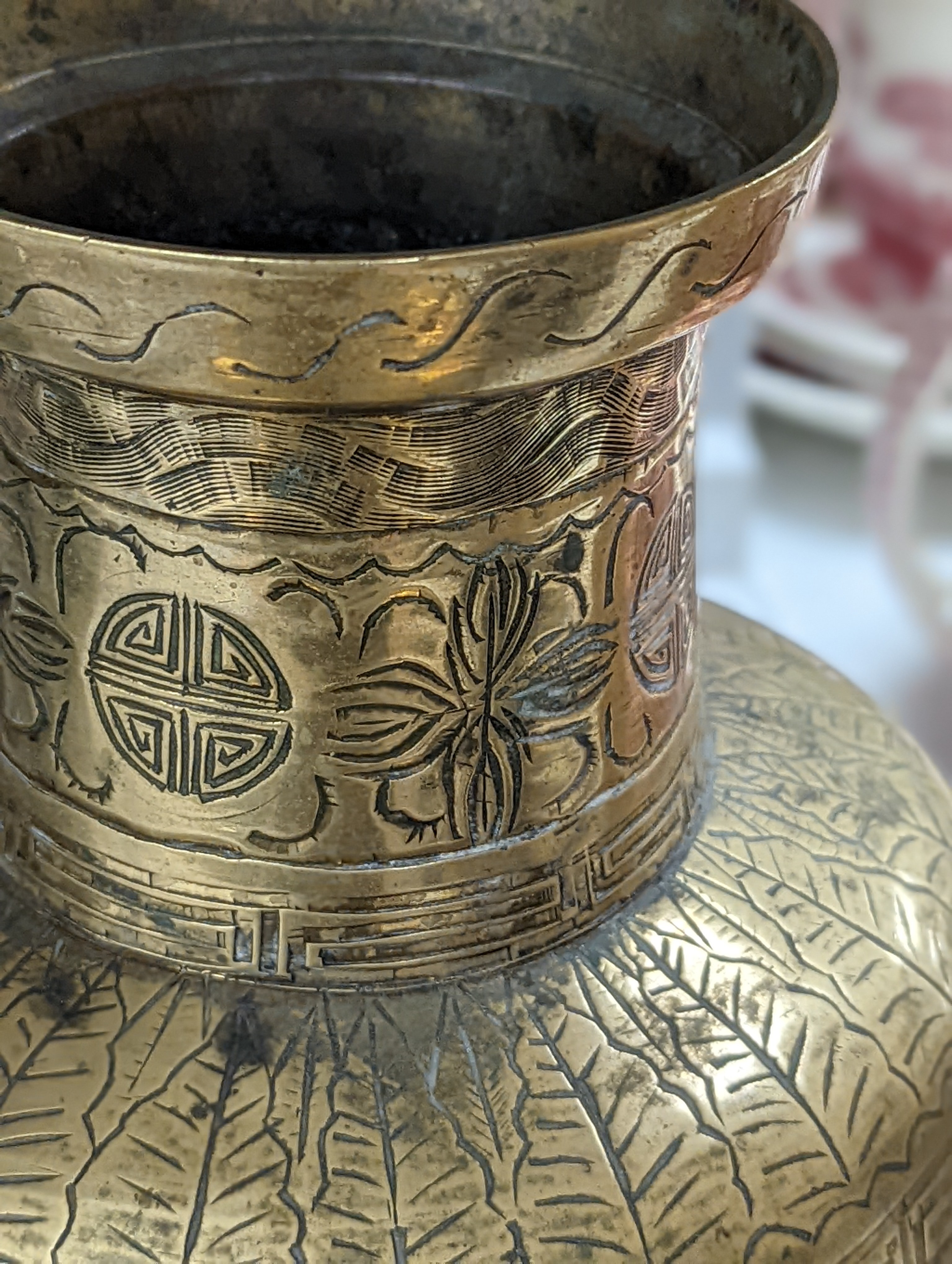 Two early 20th century Chinese bronze vases and a similar tray, 35cm diam.